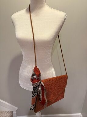 Woven Envelope Crossbody Bag in Rust with Scarf Accent